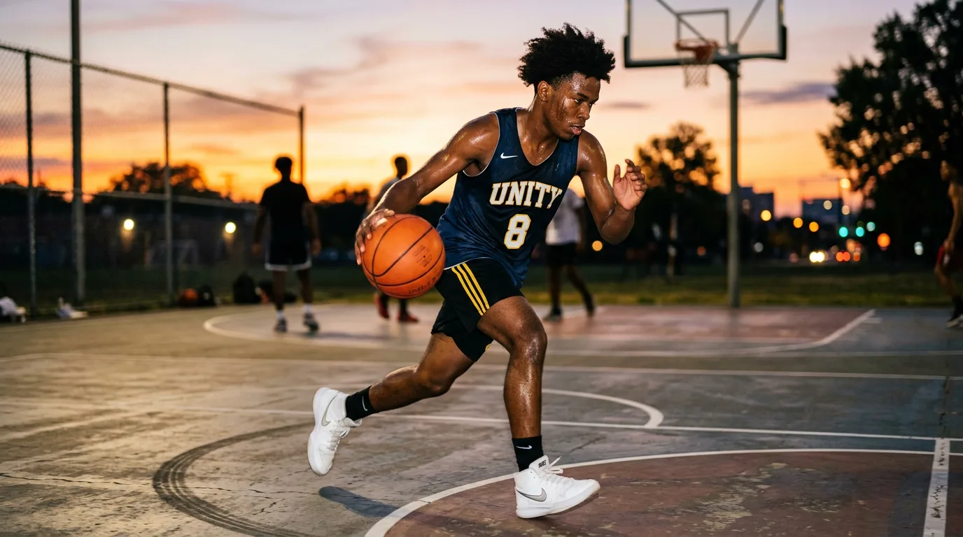 تدريب كرة سلة لشباب يقفون على محيط القوس يتعلمون وضعية لاعب المحيط تحت إشراف مدرب